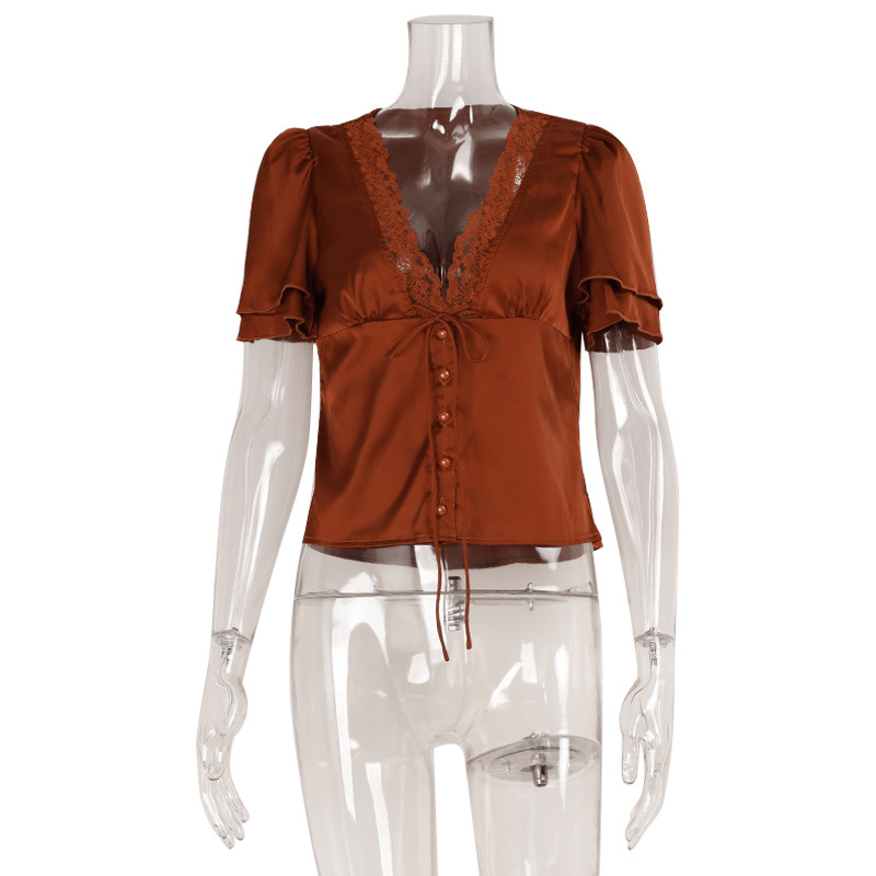 Women's Lace-Trim Satin Blouse – Puff-Sleeve Fit