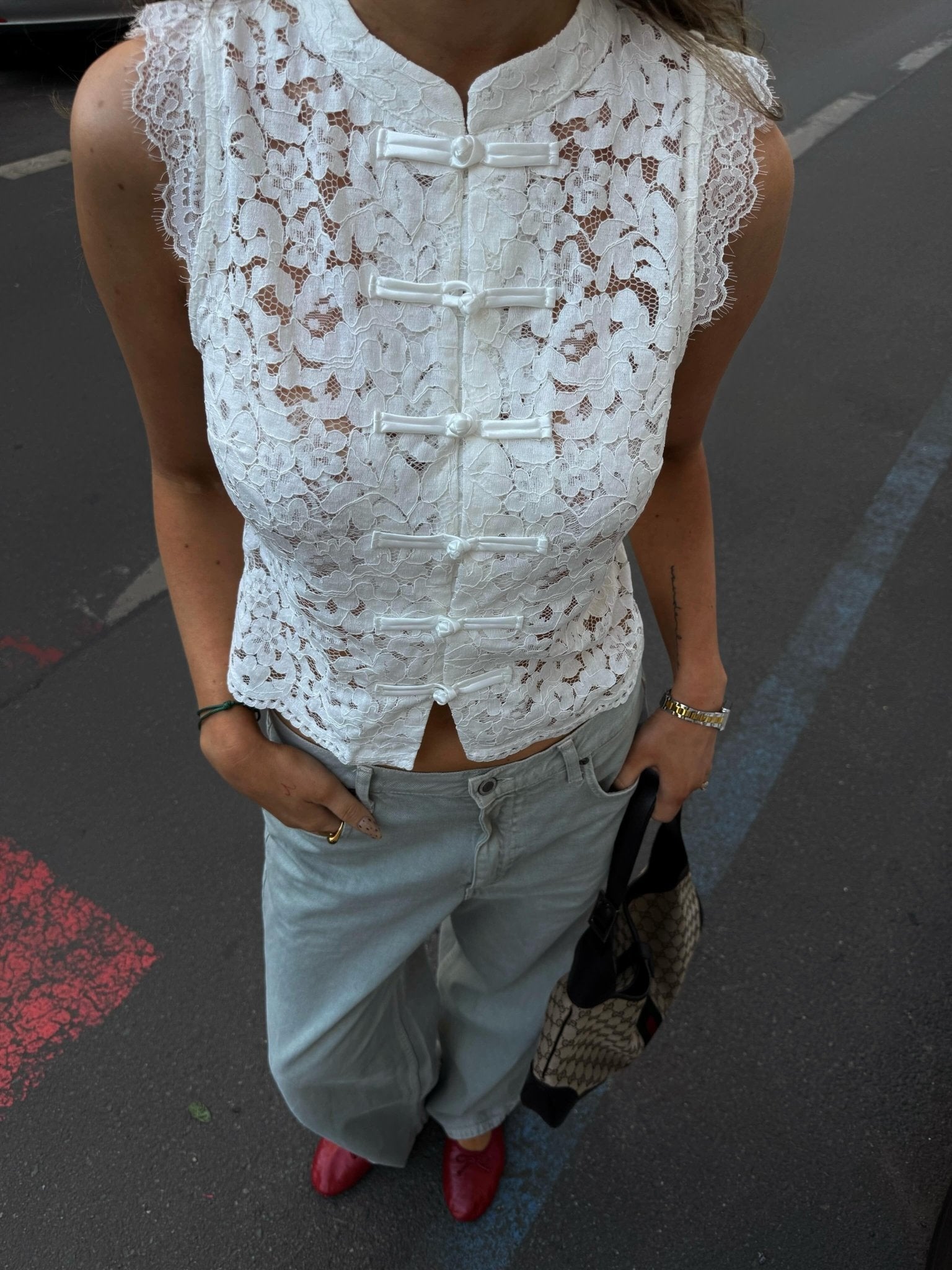Women's Mandarin-Collar Lace Top – Fitted Shape