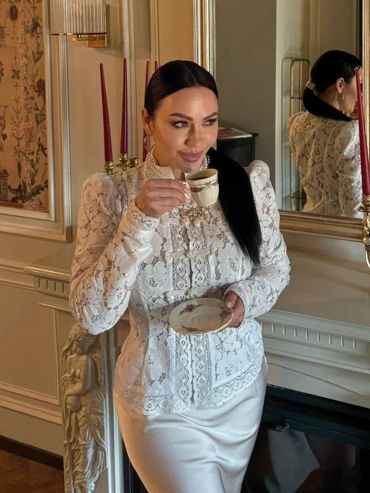 Women's High-Neck Lace Blouse – Fitted Shape