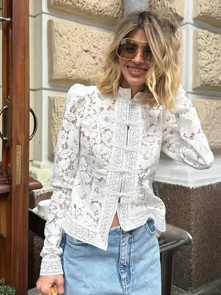 Women's High-Neck Lace Blouse – Fitted Shape