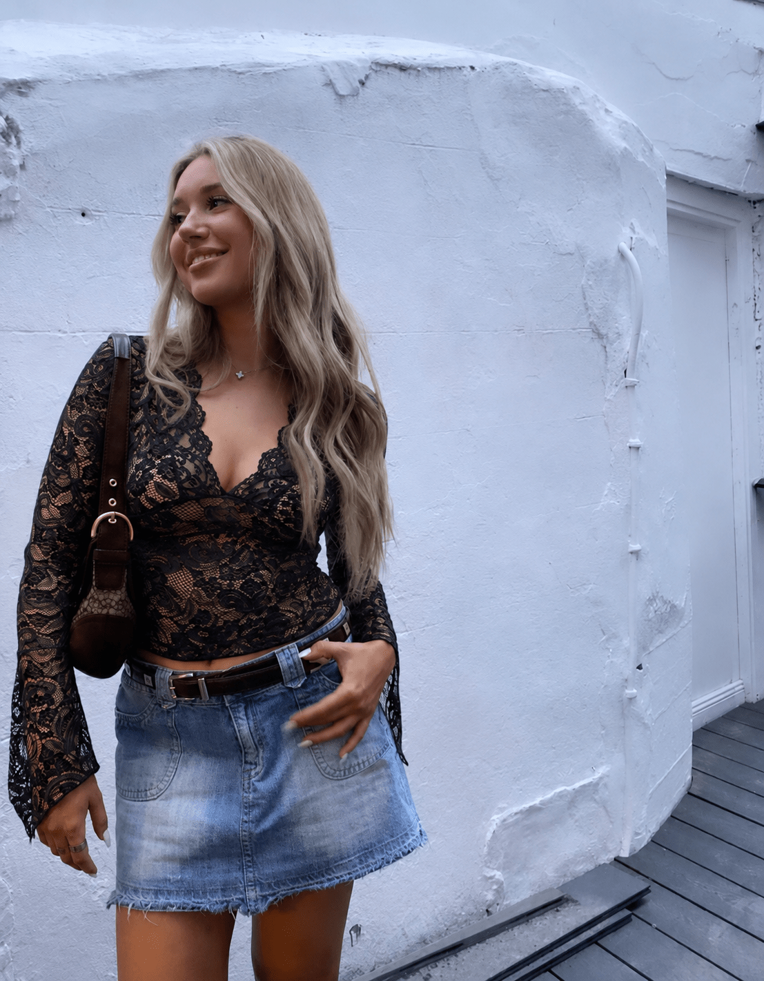 Women's Sheer V-Neck Lace Top – Flared Sleeves