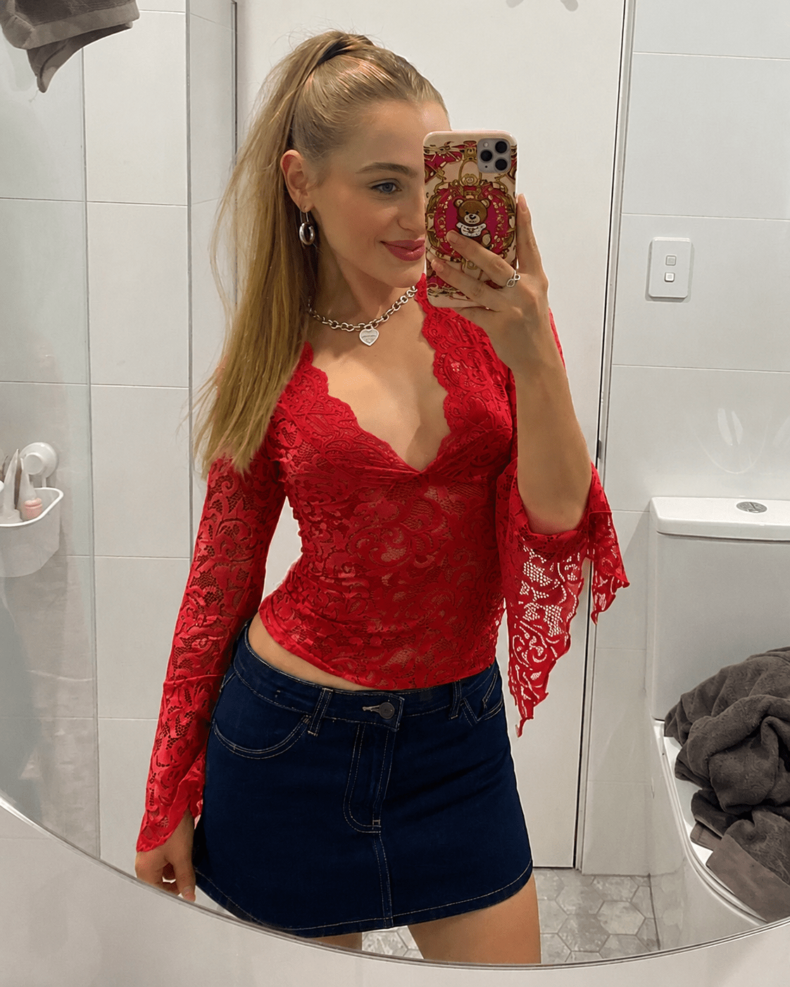 Women's Sheer V-Neck Lace Top – Flared Sleeves
