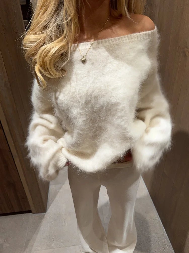 Women's Off Shoulder Sweater – Fuzzy Relaxed Fit