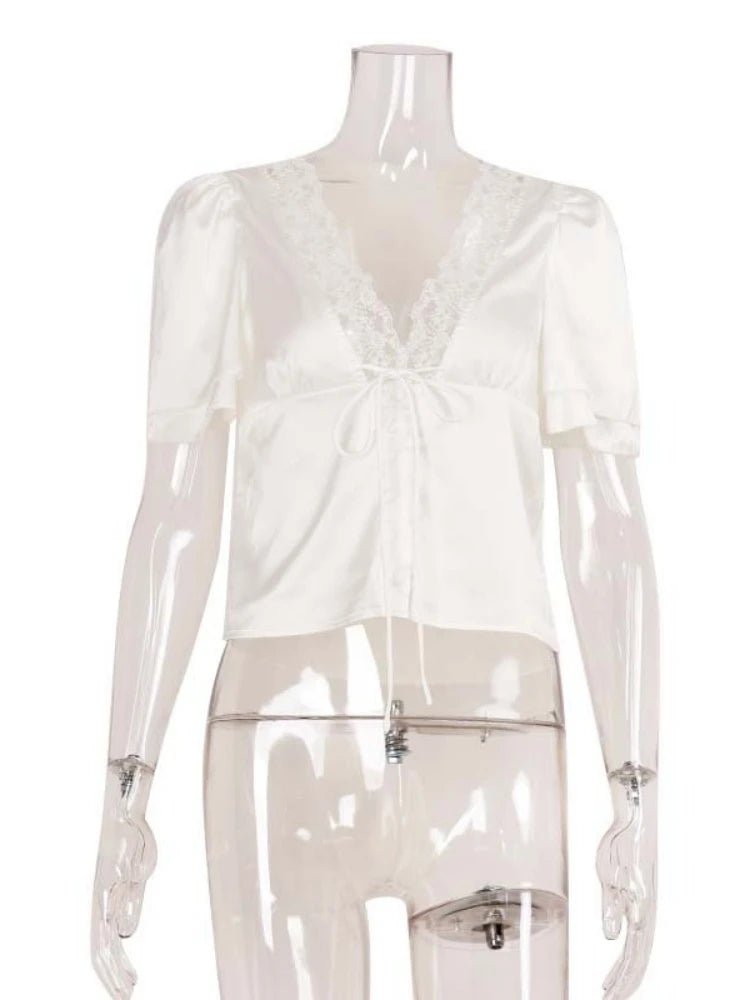 Women's Lace-Trim Satin Blouse – Puff-Sleeve Shape