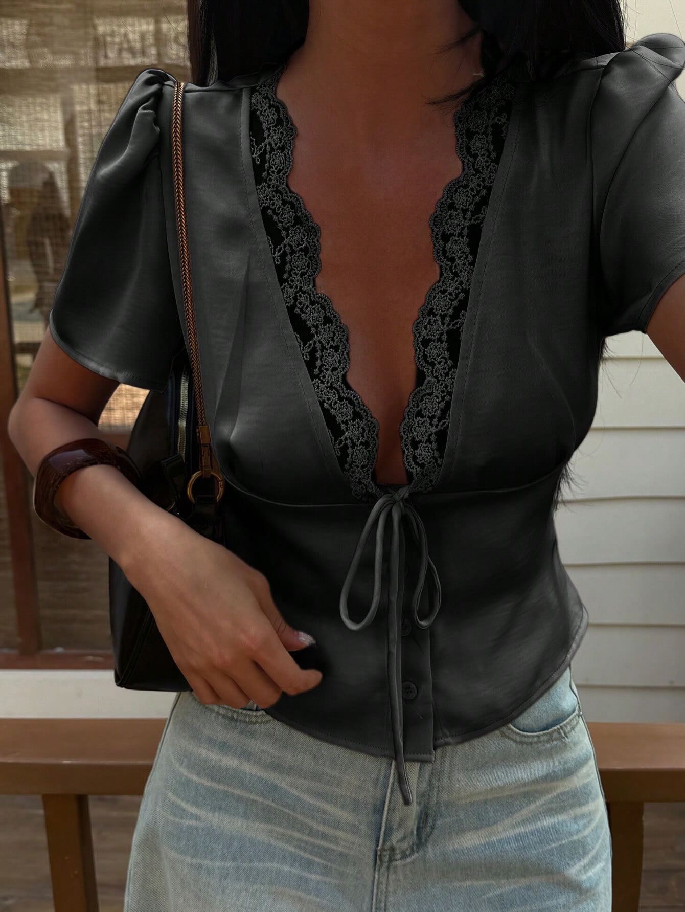 Women's Lace-Trim Satin Blouse – Puff-Sleeve Shape