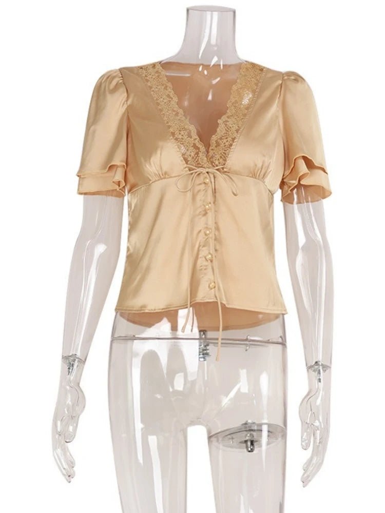 Women's Lace-Trim Satin Blouse – Puff-Sleeve Shape