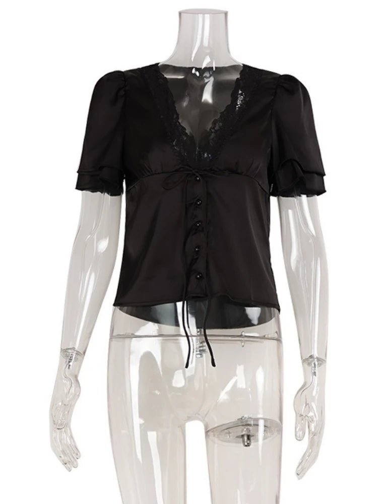 Women's Lace-Trim Satin Blouse – Puff-Sleeve Shape
