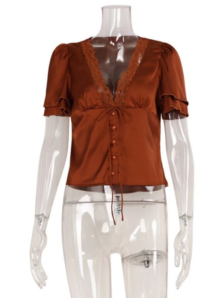 Women's Lace-Trim Satin Blouse – Puff-Sleeve Shape