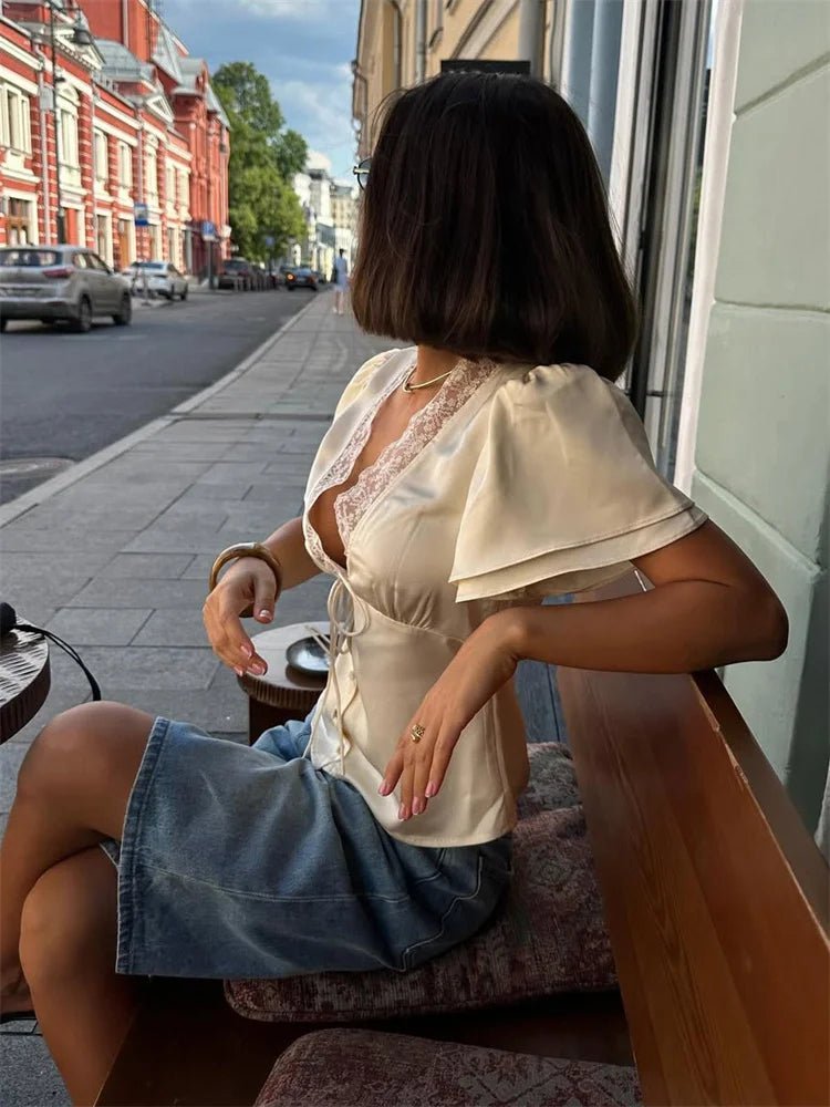 Women's Lace-Trim Satin Blouse – Puff-Sleeve Shape