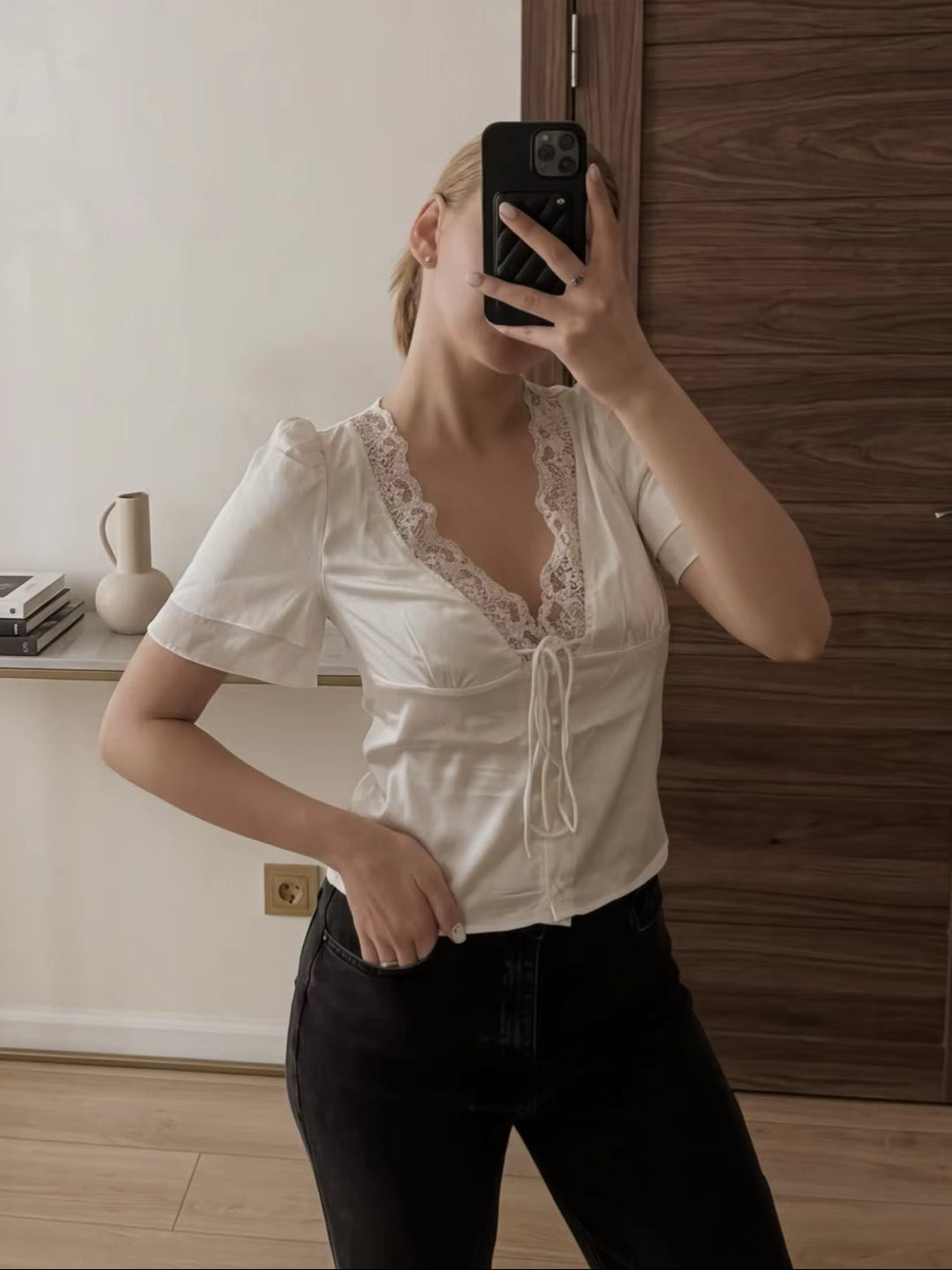 Women's Lace-Trim Satin Blouse – Puff-Sleeve Shape