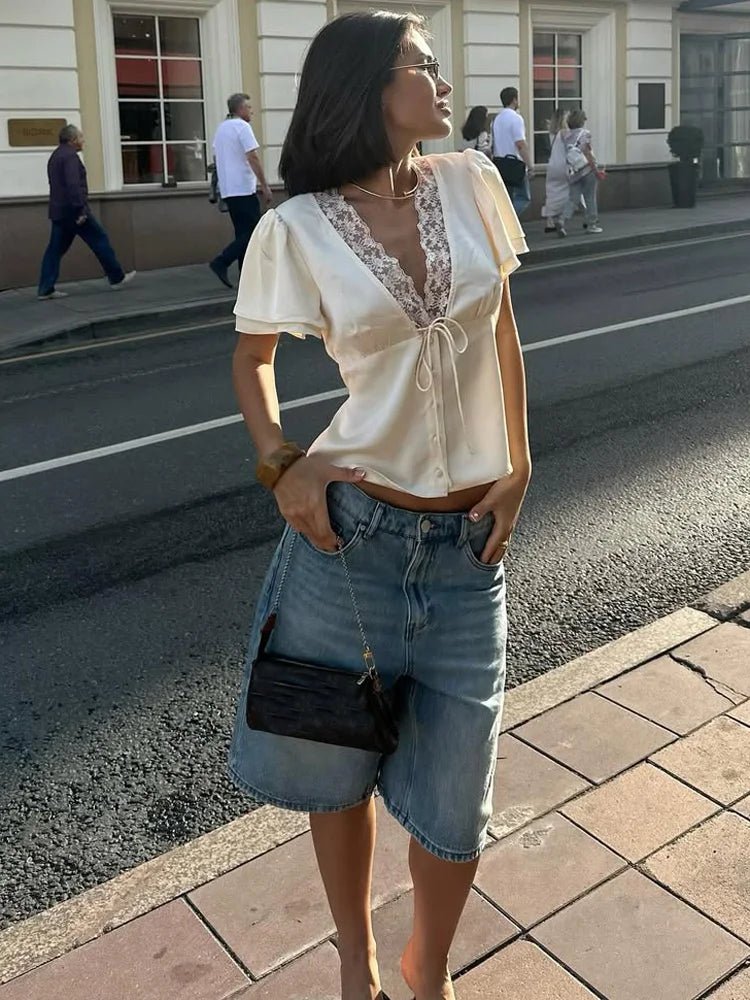 Women's Lace-Trim Satin Blouse – Puff-Sleeve Shape