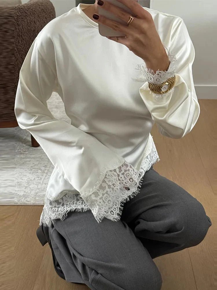 Women's Lace-Hem Satin Blouse – Flared Sleeves