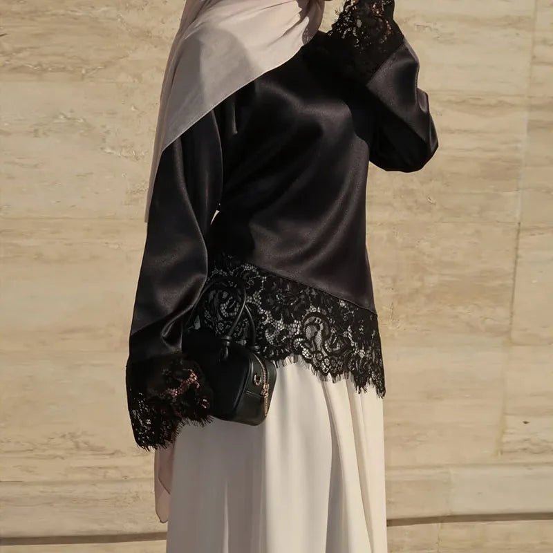 Women's Lace-Hem Satin Blouse – Flared Sleeves