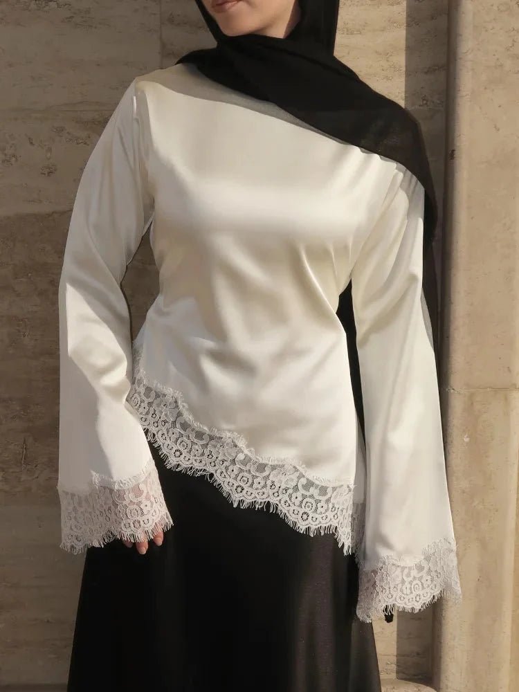 Women's Lace-Hem Satin Blouse – Flared Sleeves