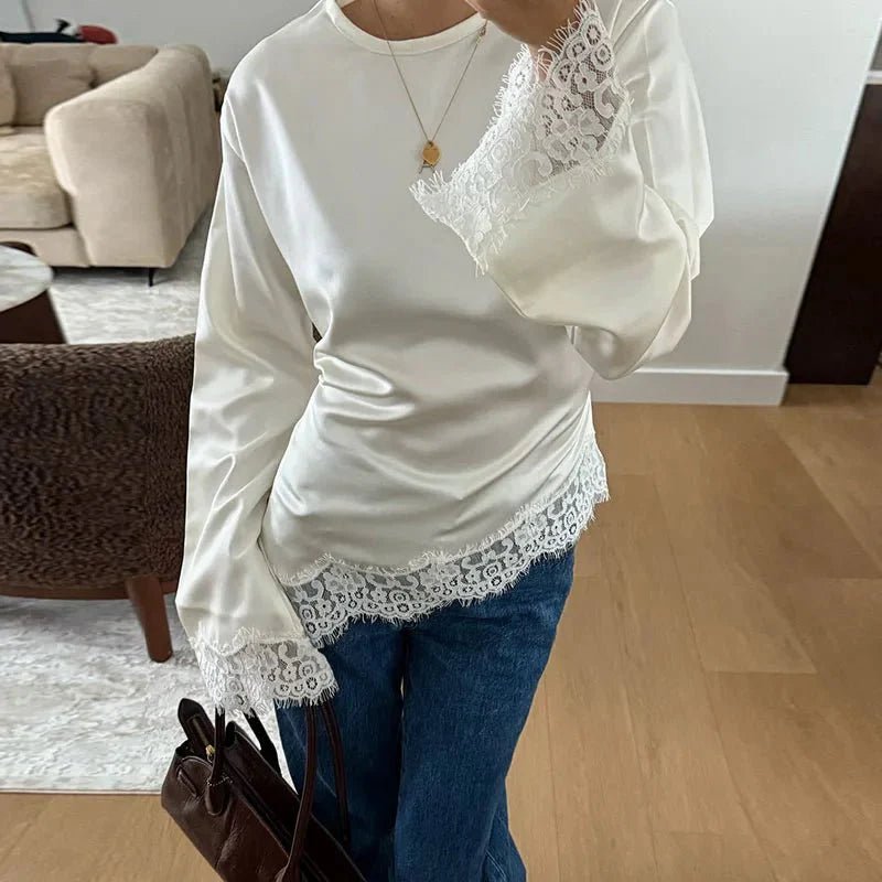 Women's Lace-Hem Satin Blouse – Flared Sleeves