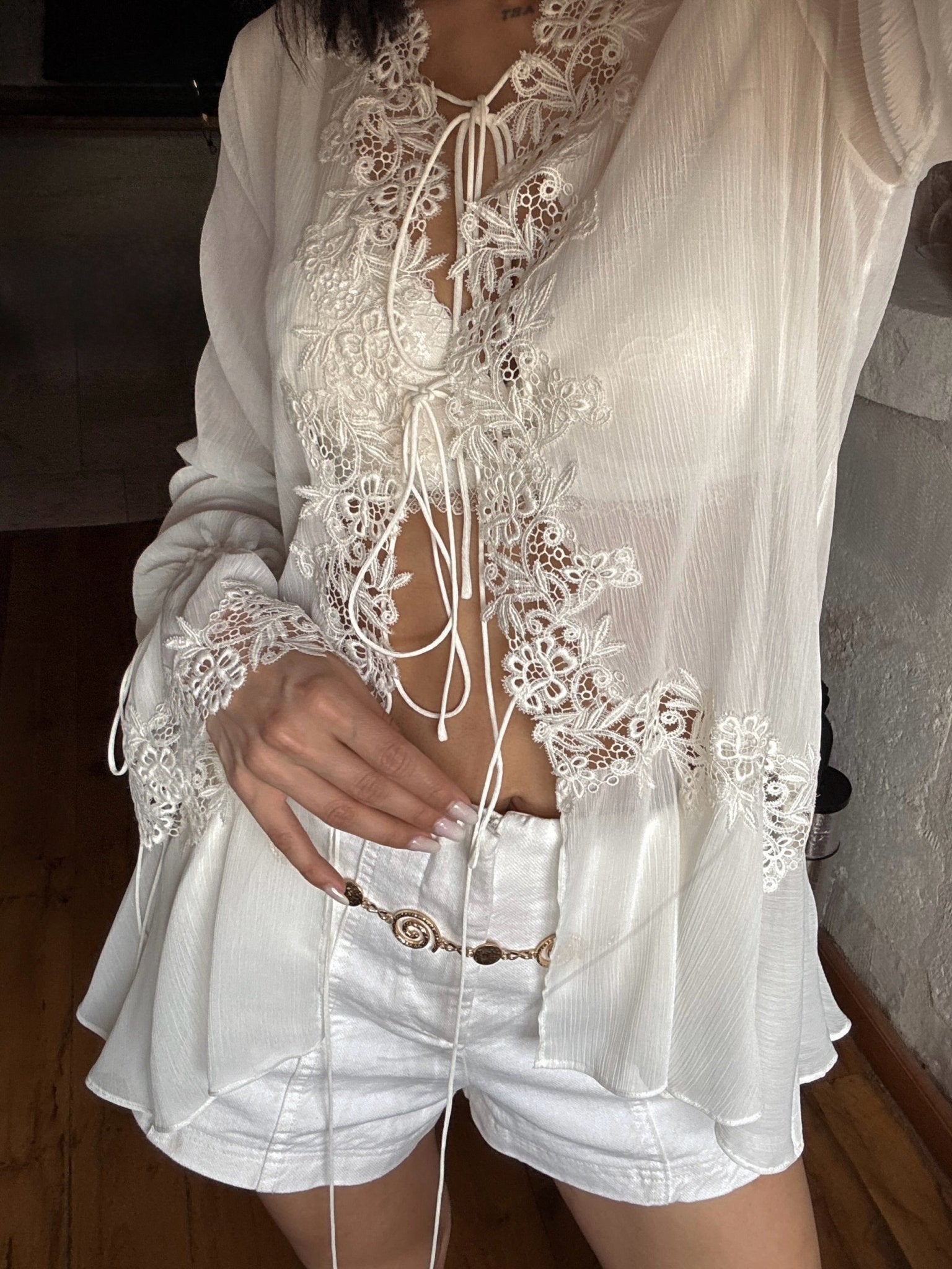 Women's Tie-Front Lace Top – Flowing Peplum Fit