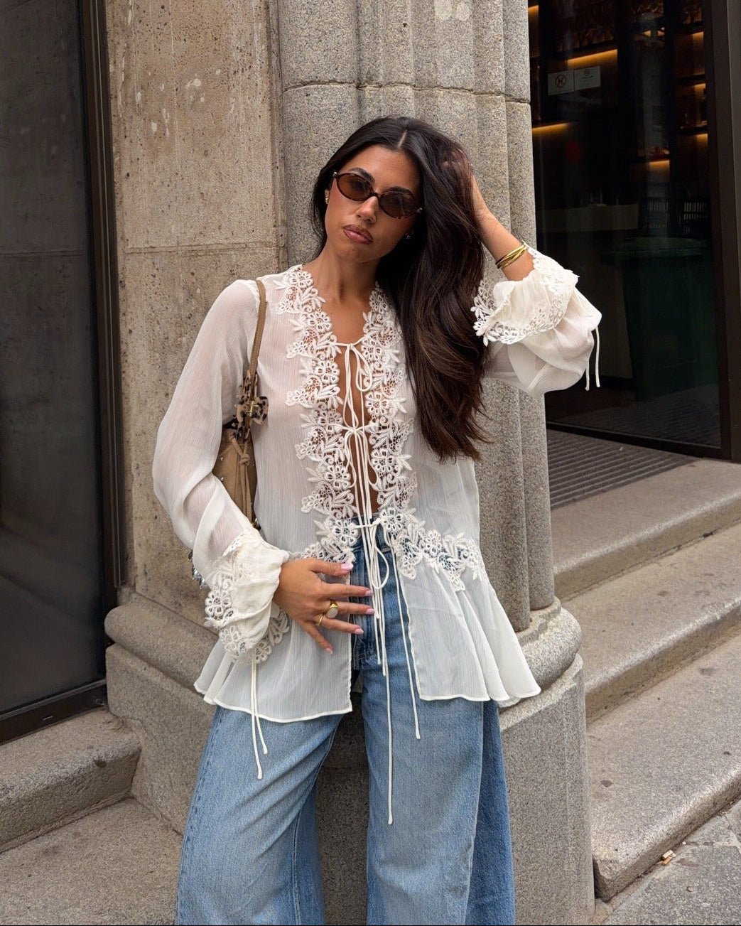 Women's Tie-Front Lace Top – Flowing Peplum Fit