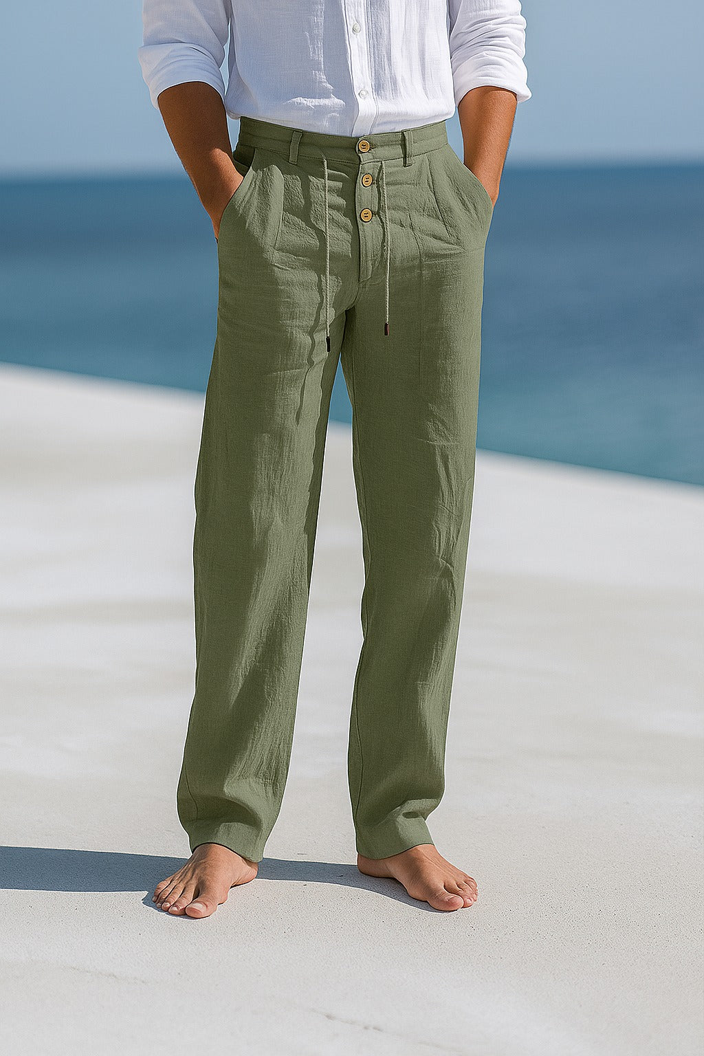 Linen Trousers Drawstring Button Placket - Relaxed Fit