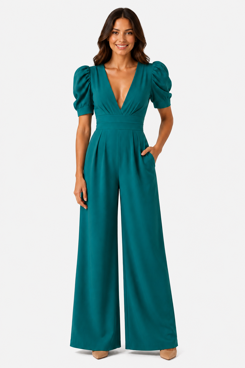 Women's Puff Sleeve Wide Leg Jumpsuit – Tailored Formal Style - Teal - front
