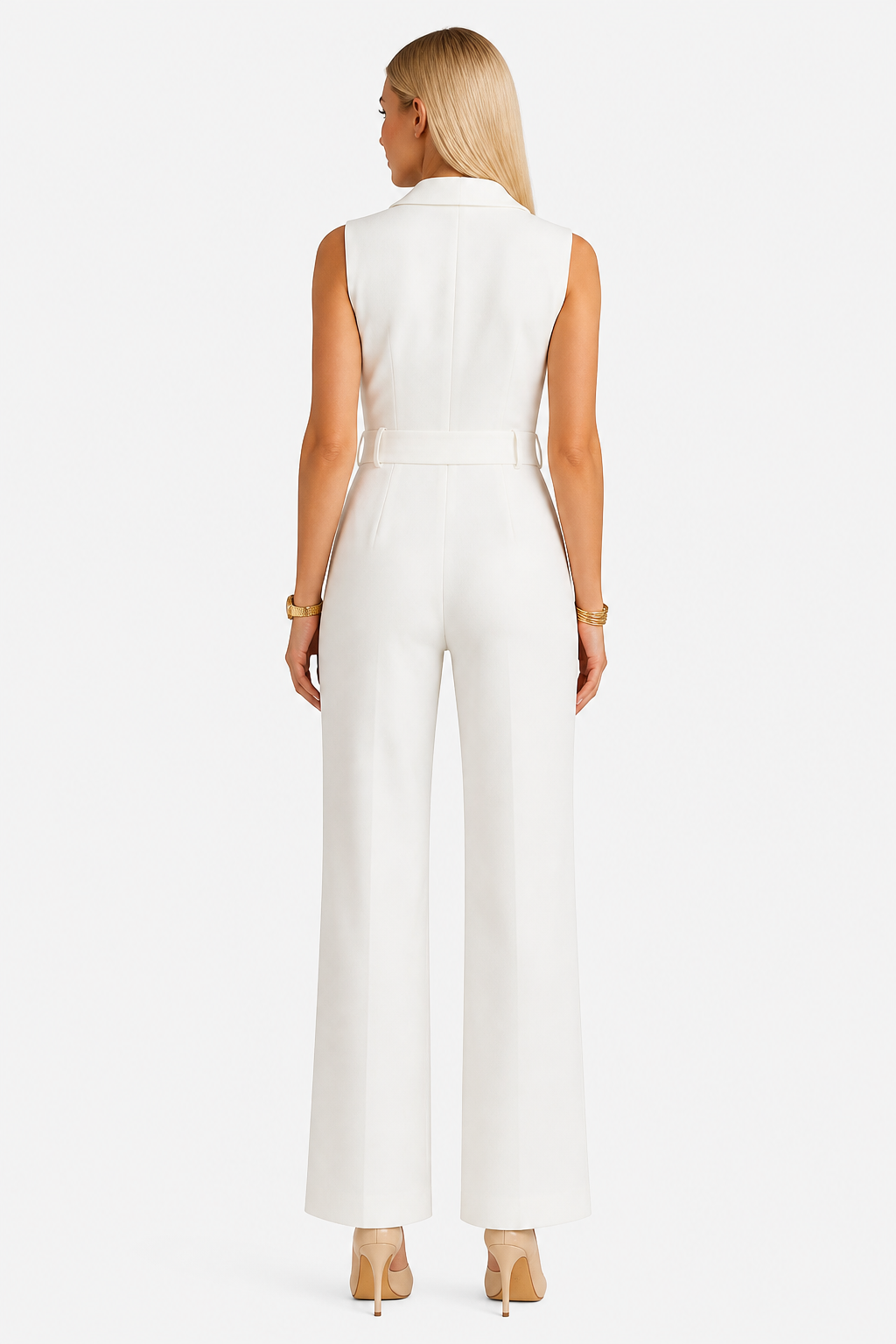 Elegant Wrap Jumpsuit Tailored Wide Leg Formal Outfit - White - back