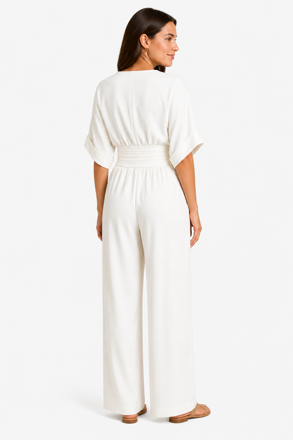 Women’s Relaxed Fit Wide-Leg Jumpsuit – Cinched Waist Style - White - back
