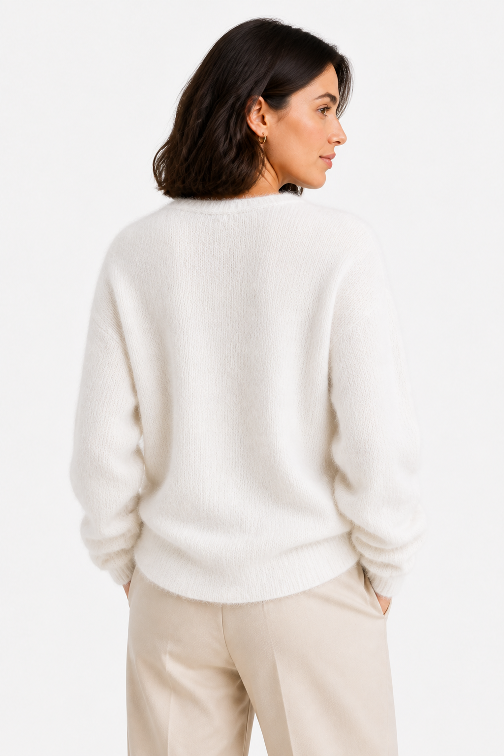 Women's Fluffy V-Neck Cardigan with Button Front - White - back