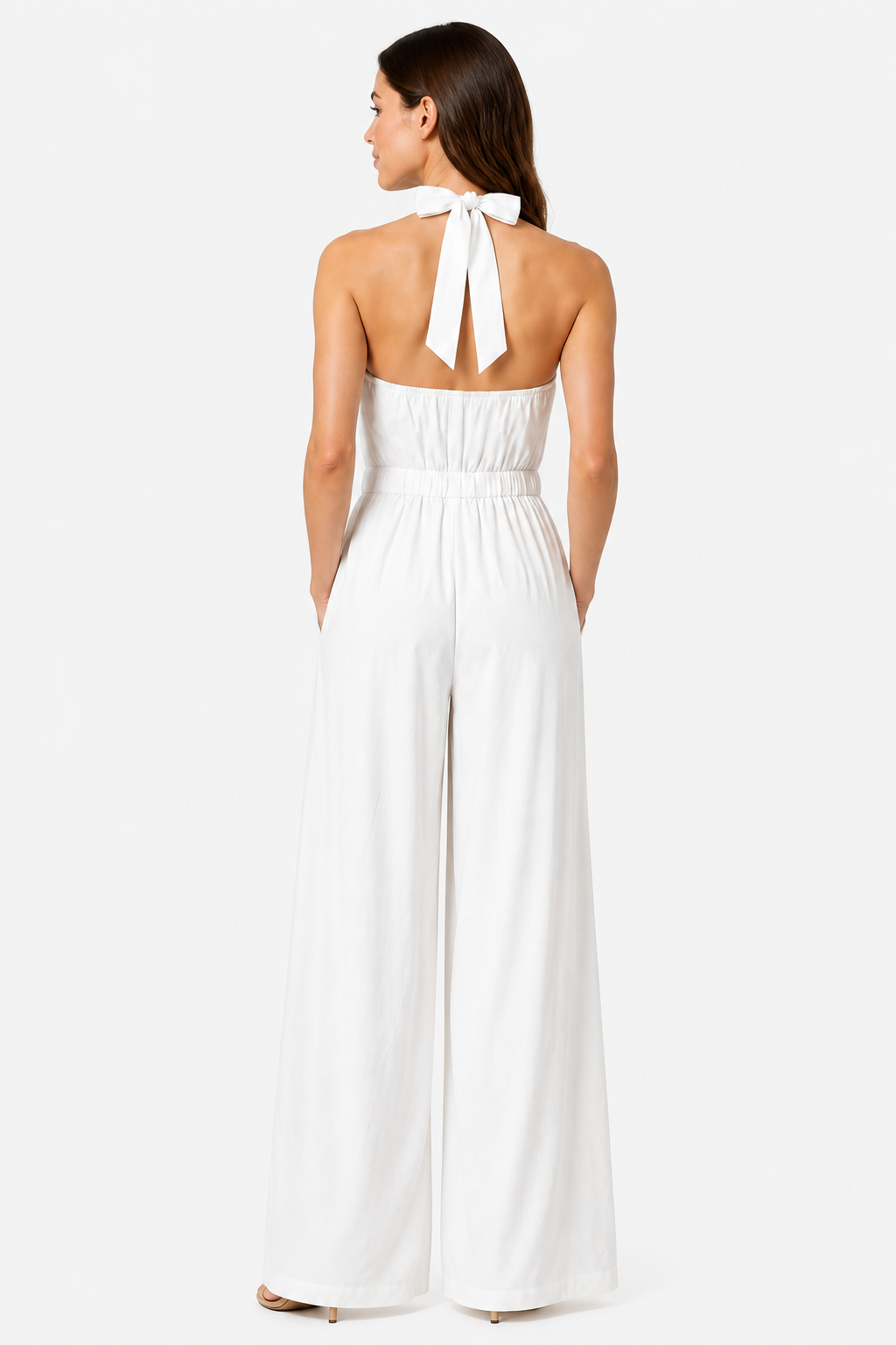 Women’s Halter Neck Wide Leg Jumpsuit – Elegant Flowing Style - White - back