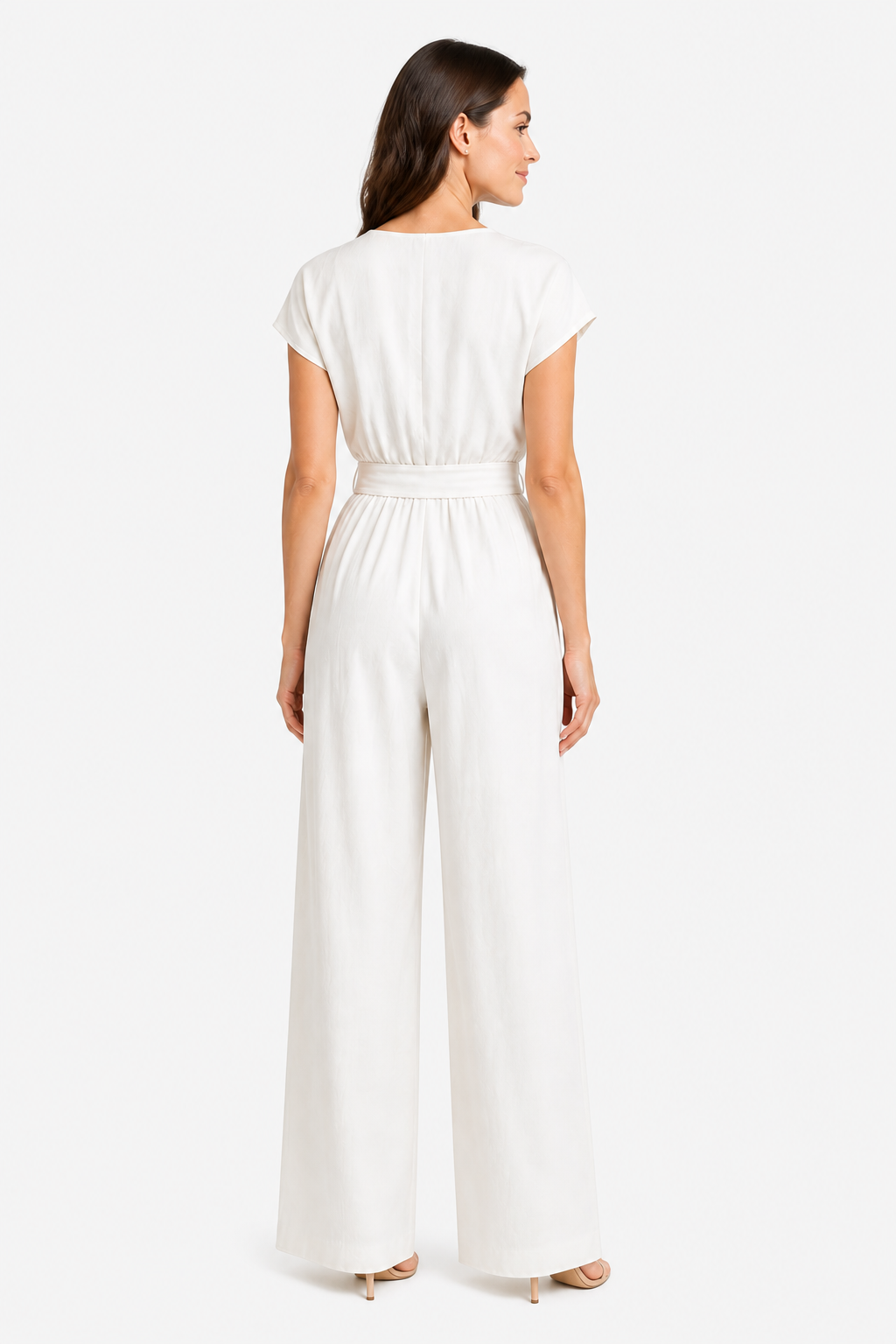 Women's Relaxed Wide Leg Jumpsuit – Tie Waist Summer Style - White - back