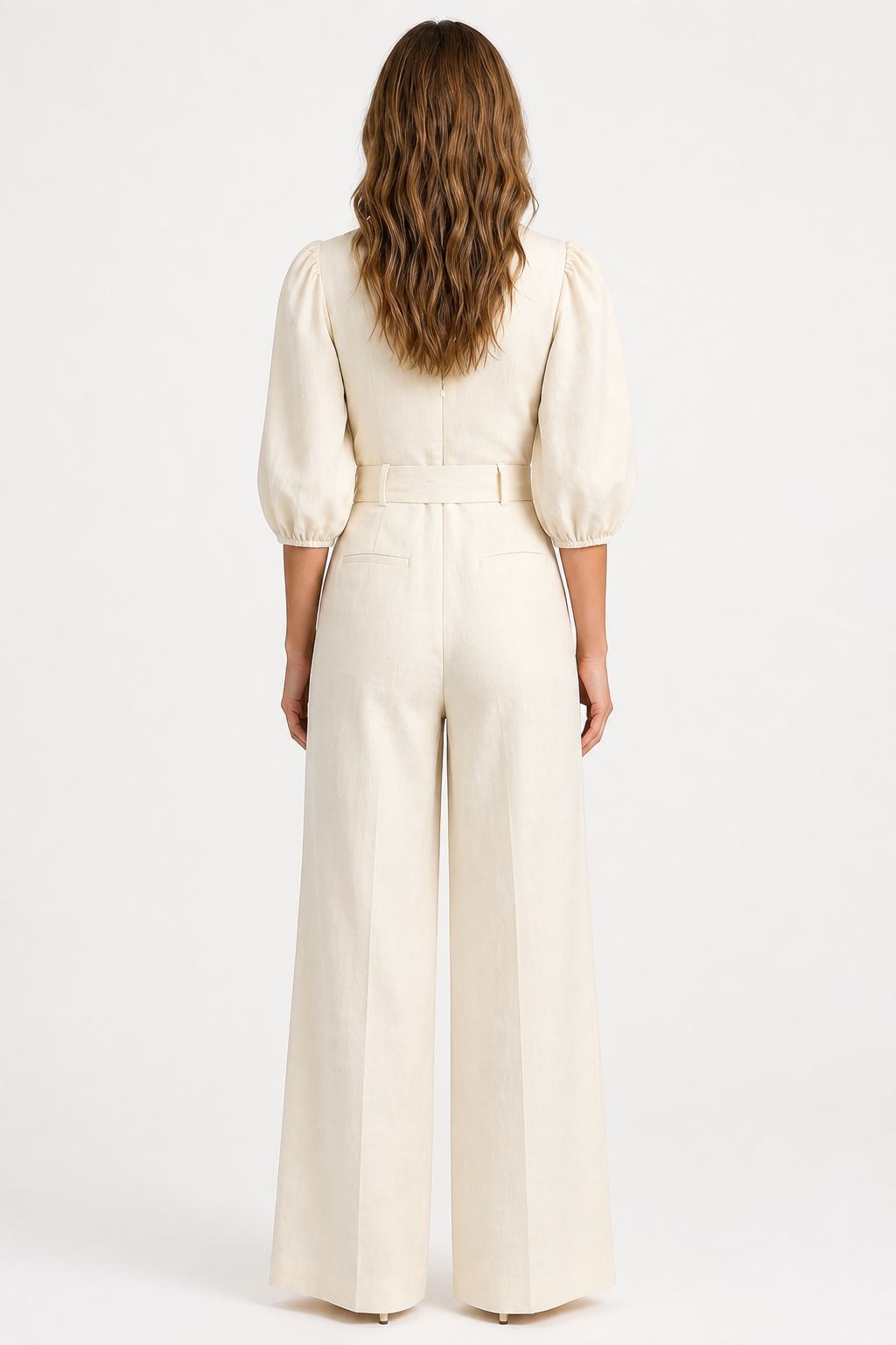 Velmora – Elegant belted puff sleeve – Wide leg jumpsuit - White - back