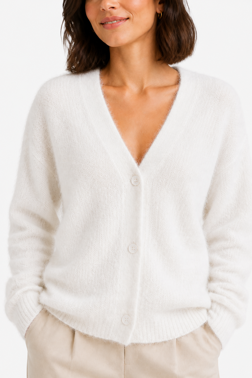 Women's Fluffy V-Neck Cardigan with Button Front - White - detail 1