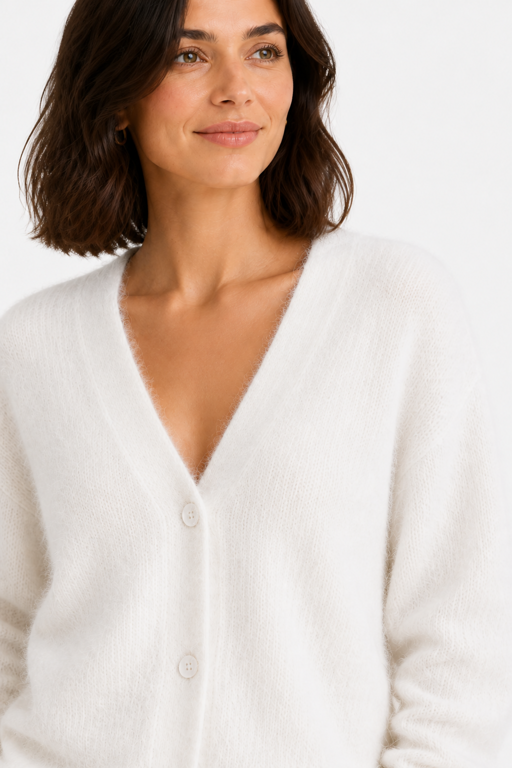 Women's Fluffy V-Neck Cardigan with Button Front - White - detail 2