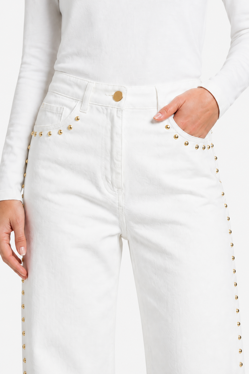 Valdenza – Gold stud trim – Straight leg jeans - White - detail