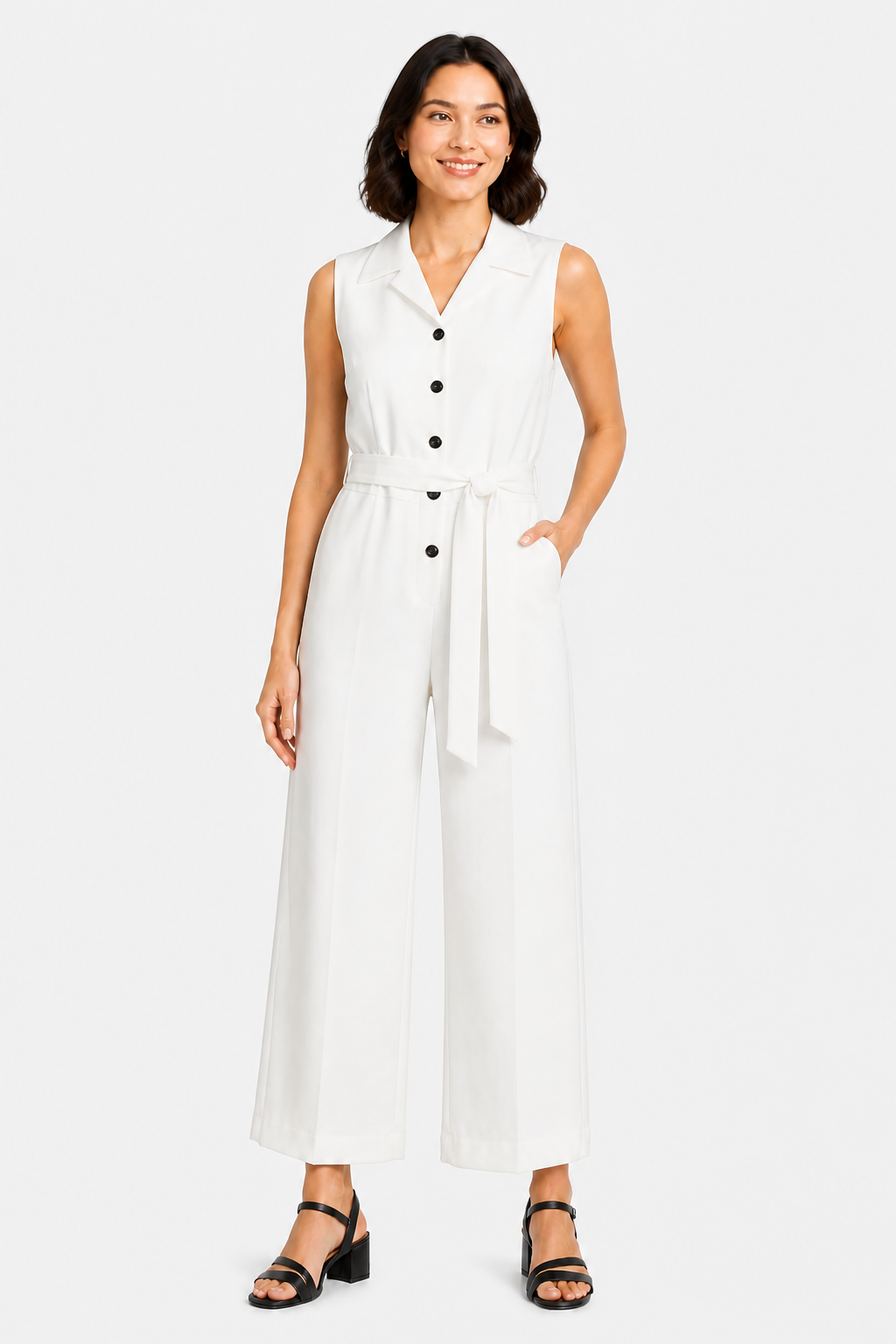 Orléane – Belted office elegance – Wide-leg jumpsuit - White - front