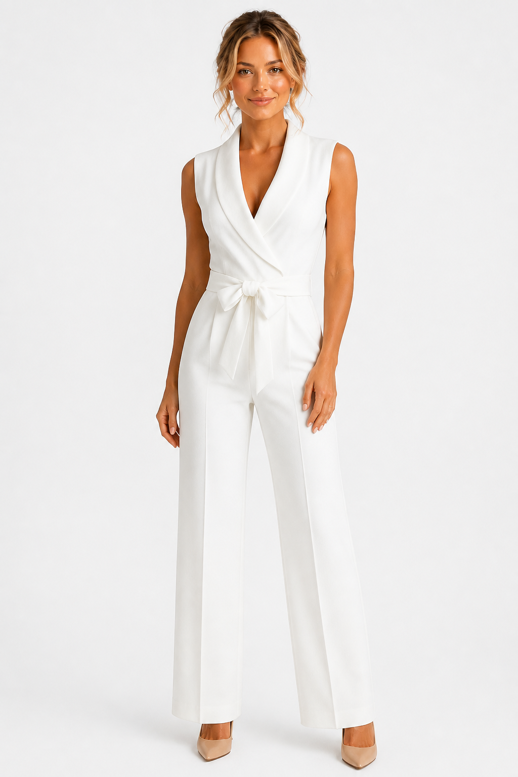 Elegant Wrap Jumpsuit Tailored Wide Leg Formal Outfit - White - front