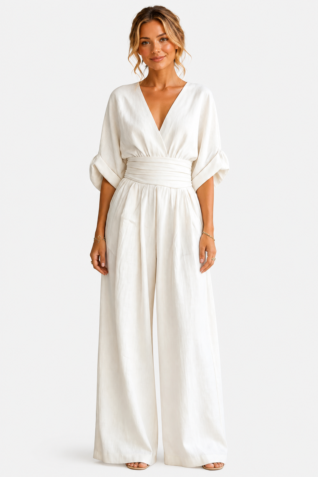 Valoria – Draped waist elegance – Wide-leg jumpsuit - White - front