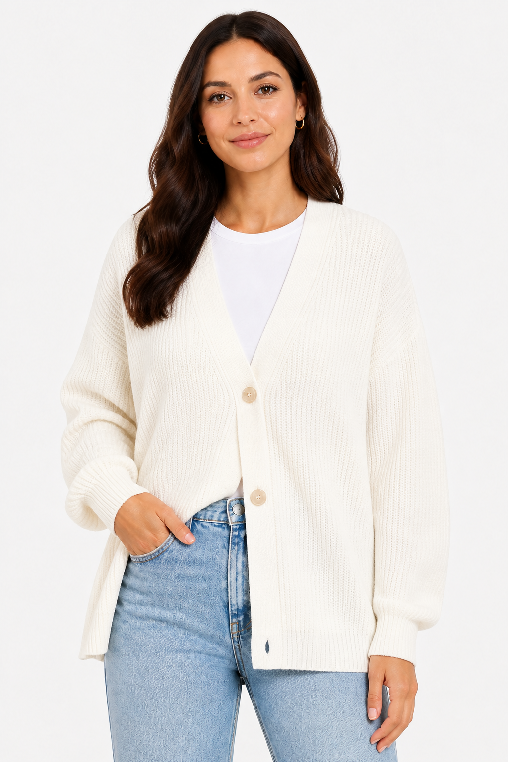 Oversized Ribbed Knit Cardigan for Women - White - front
