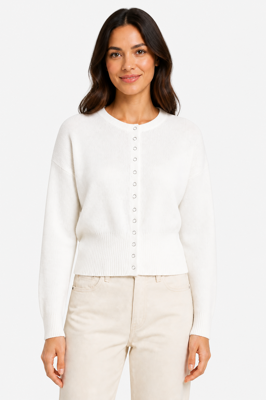 Elegant Crop Ribbed Cardigan for Women - White - front