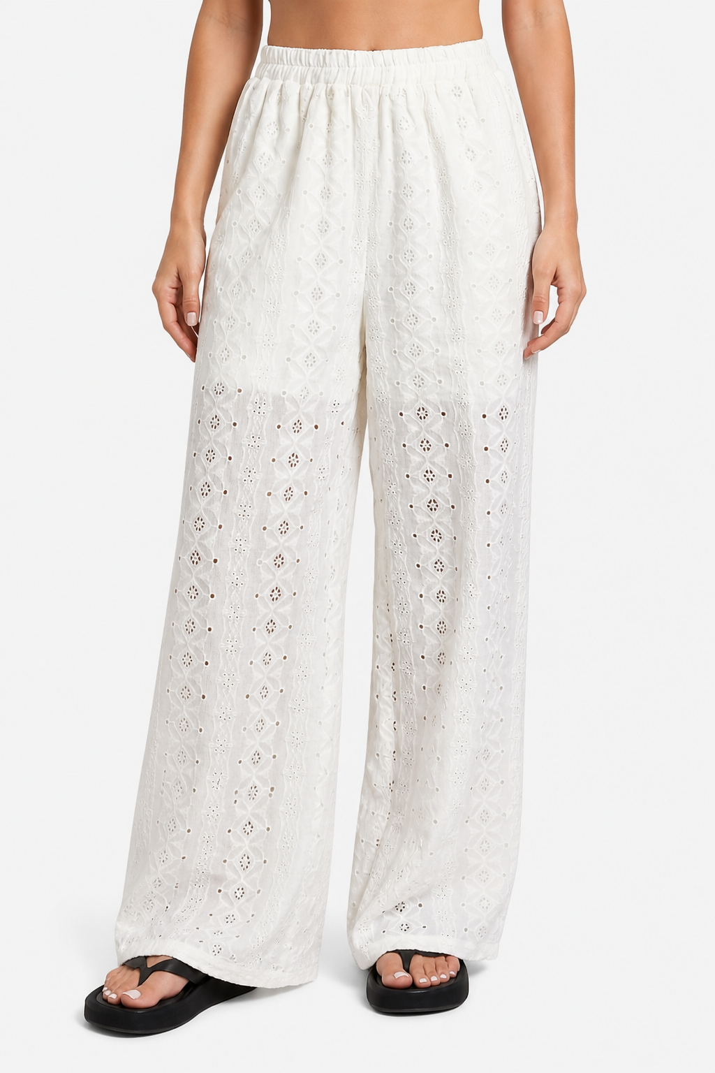 Élodienne – Broderie anglaise grace – Wide-leg trousers - White - front