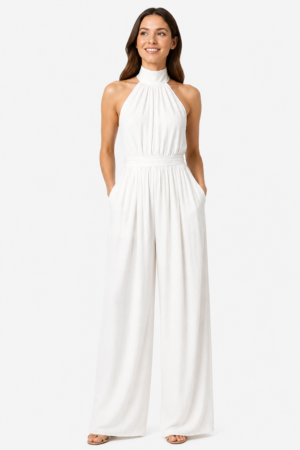Women’s Halter Neck Wide Leg Jumpsuit – Elegant Flowing Style - White - front