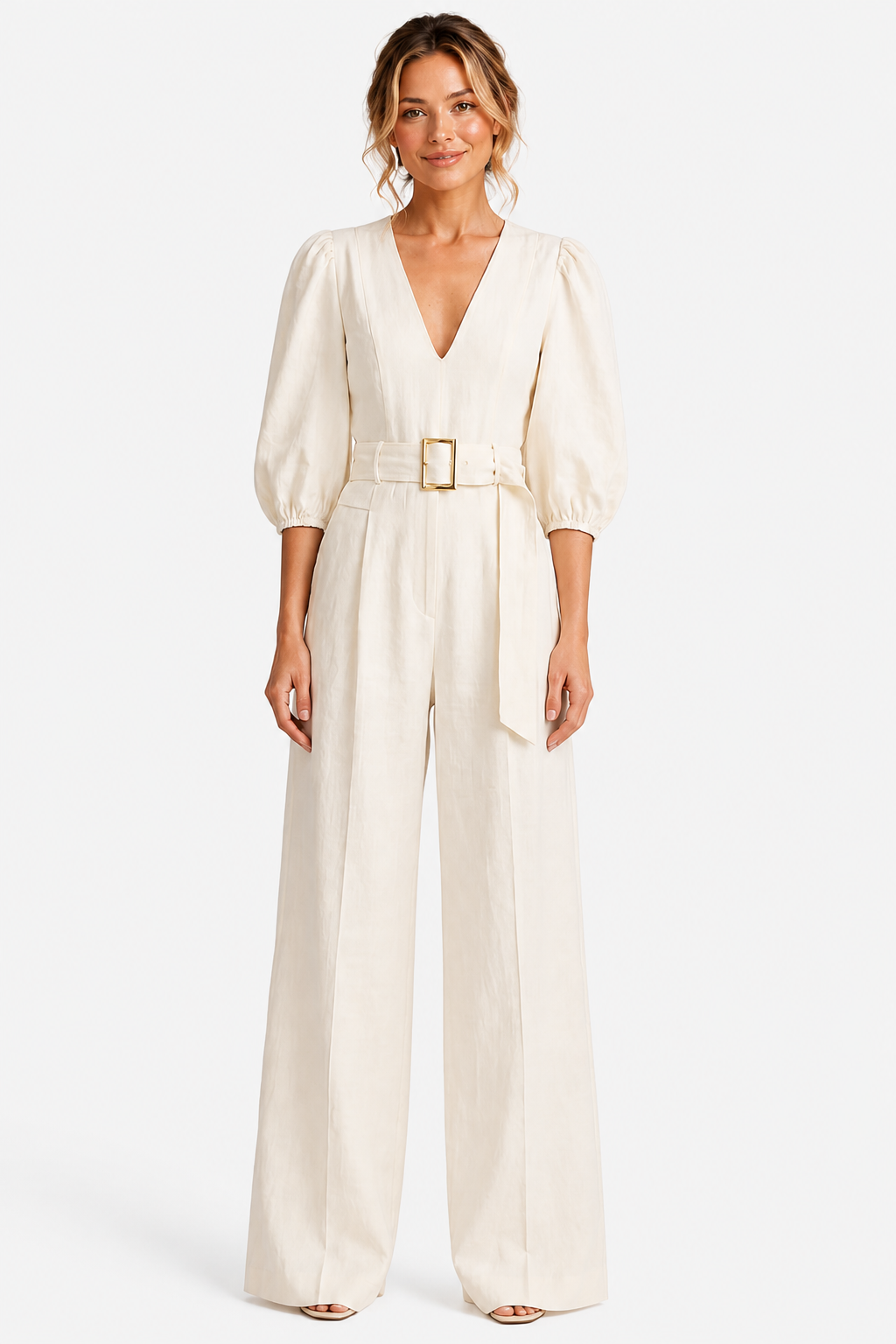 Velmora – Elegant belted puff sleeve – Wide leg jumpsuit - White - front