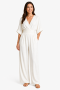 Women’s Relaxed Fit Wide-Leg Jumpsuit – Cinched Waist Style - White - front