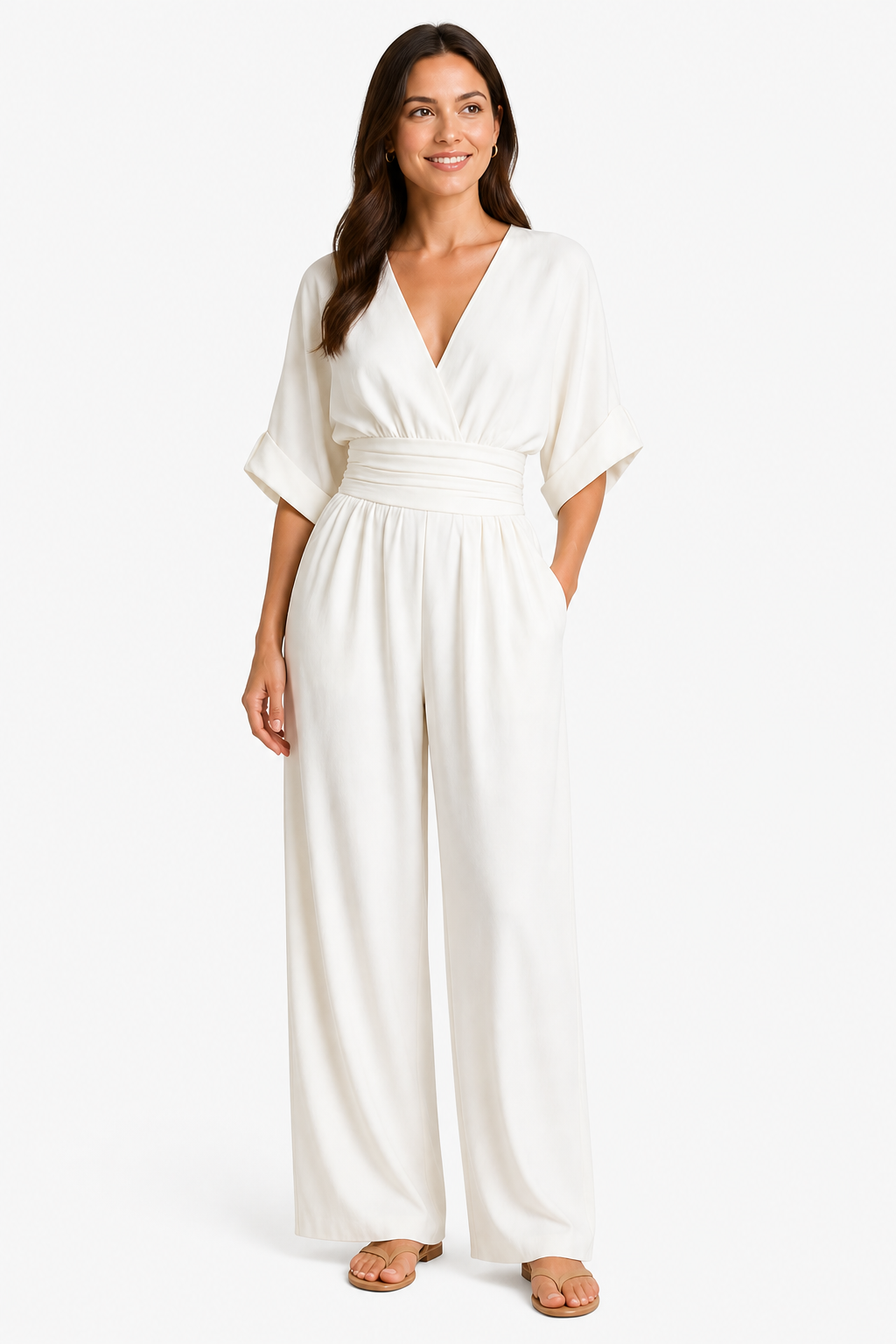 Women’s Relaxed Fit Wide-Leg Jumpsuit – Cinched Waist Style - White - front