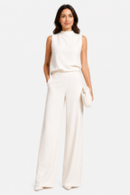 Women’s Jumpsuit with Sleeveless Upper and Wide-Leg Design - White - front