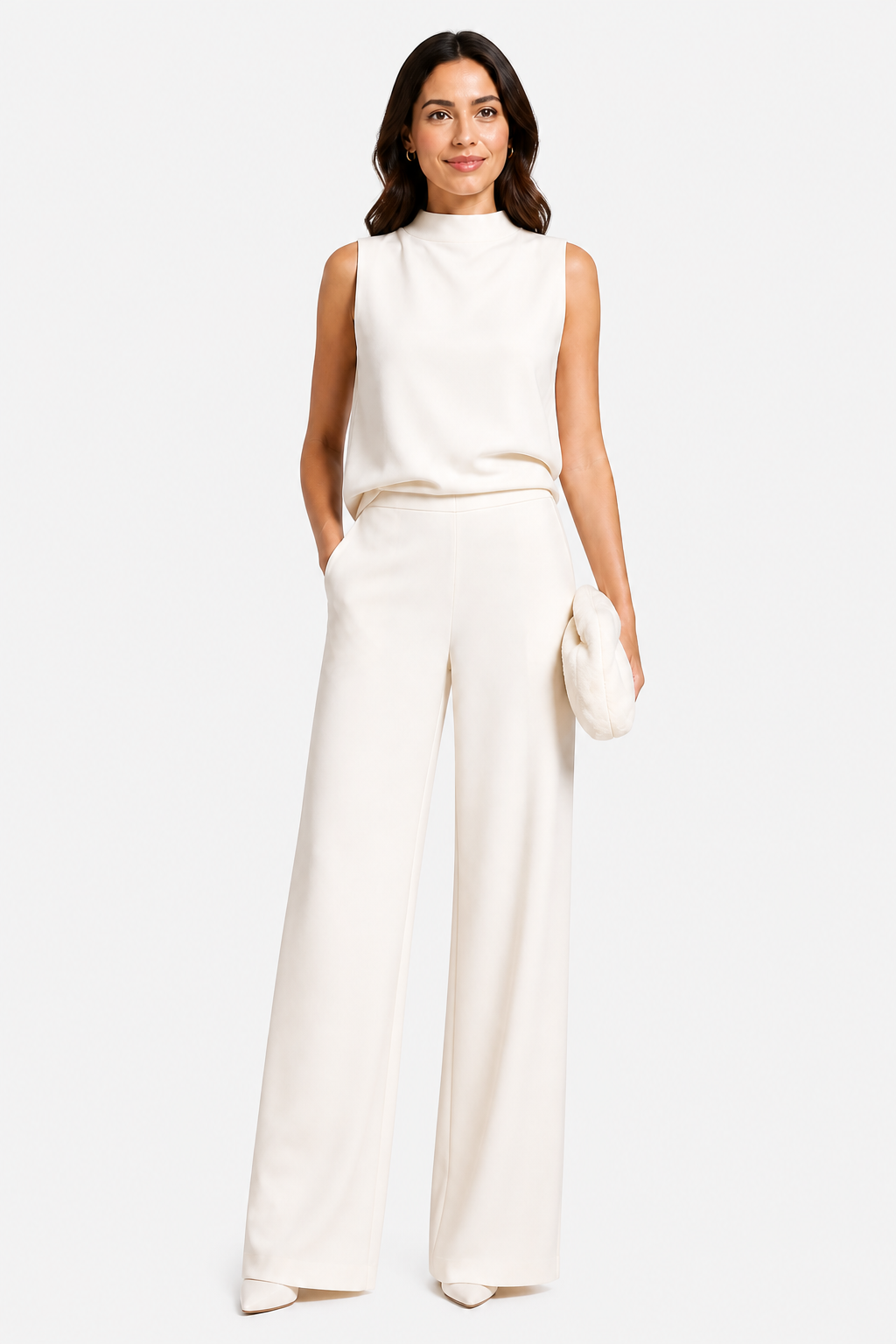 Women’s Jumpsuit with Sleeveless Upper and Wide-Leg Design - White - front