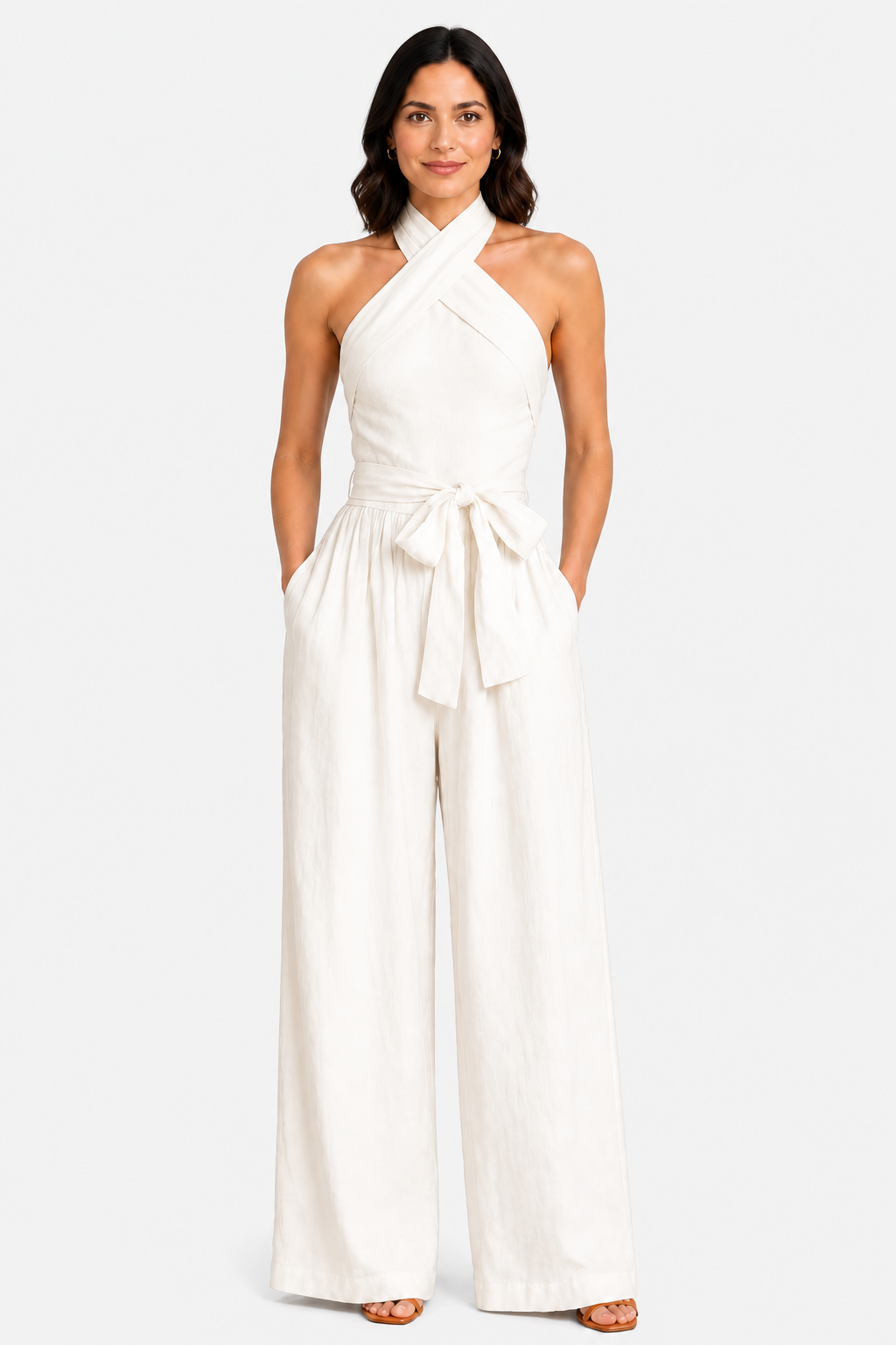 Aveline – Cross-halter sophistication – Wide-leg jumpsuit - White - front
