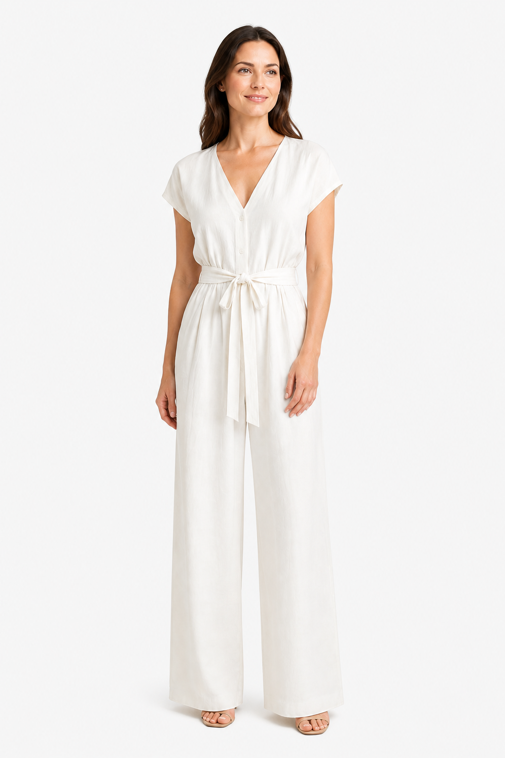 Women's Relaxed Wide Leg Jumpsuit – Tie Waist Summer Style - White - front