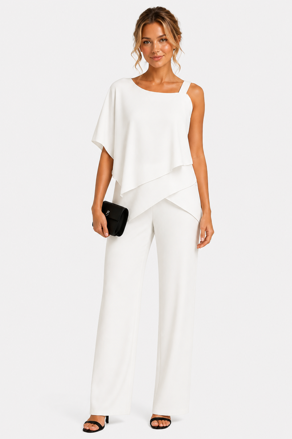 Asymmetric Overlay Wide Leg Jumpsuit - White - front