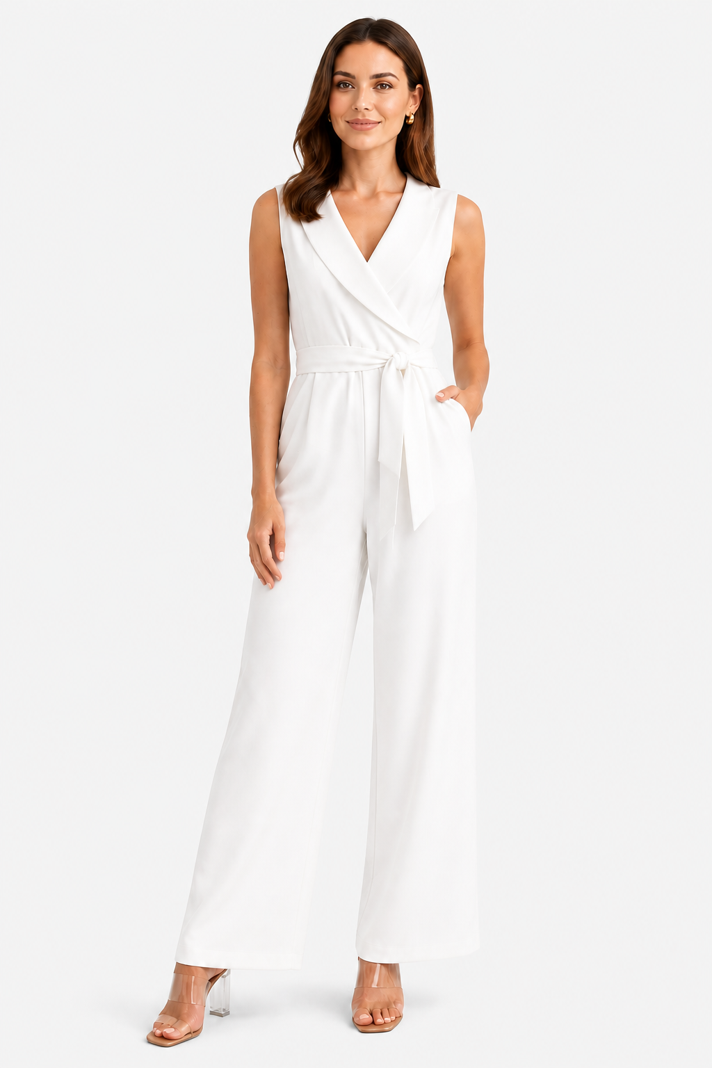 Women’s Sleeveless Wide Leg Jumpsuit – Elegant Tie Waist Style - White - front