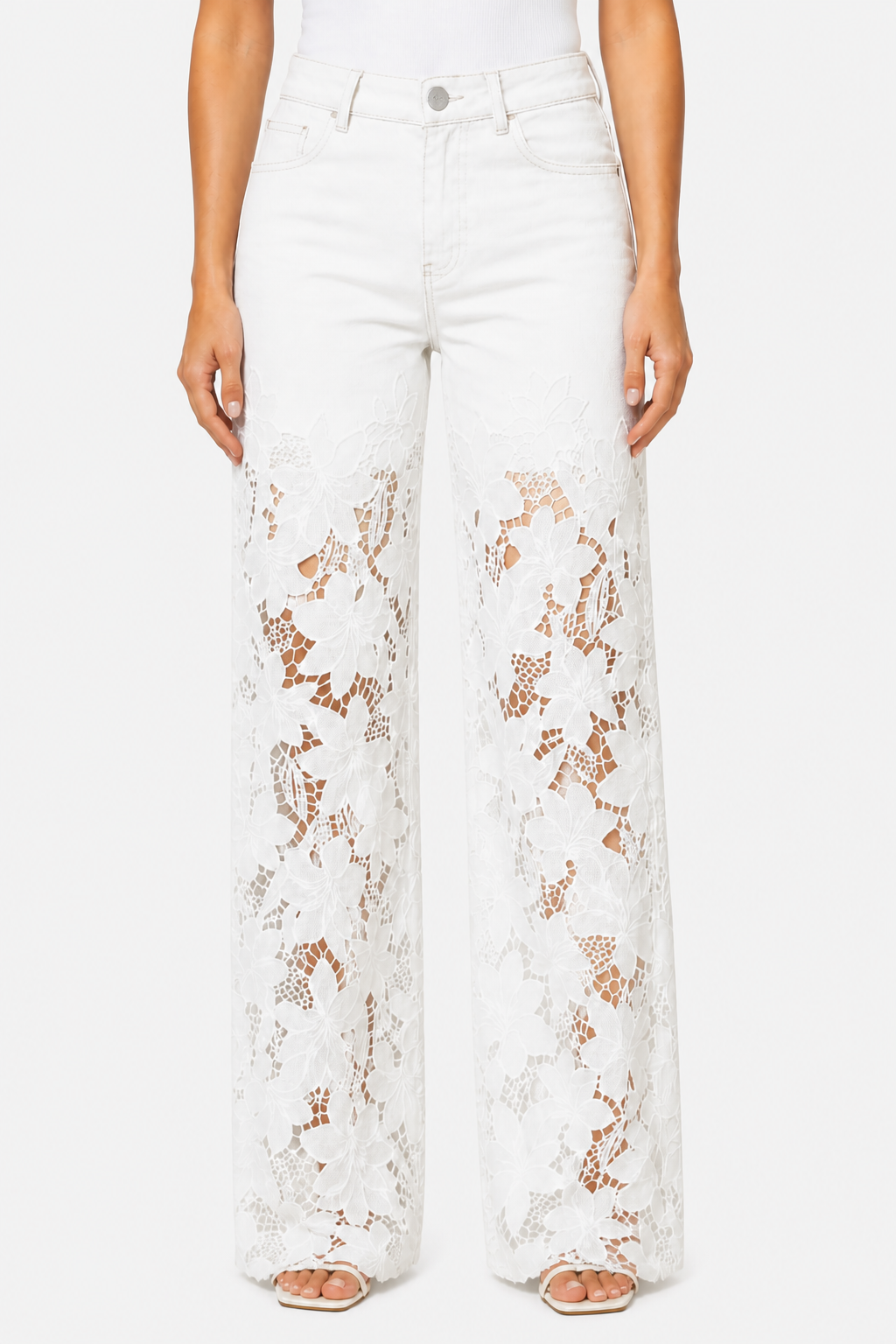 Solérine – Floral lace overlay – Wide-leg denim jeans - White - front