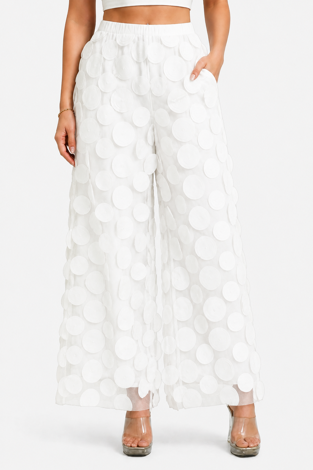 Bellaria – 3D circle appliqué – Wide-leg trousers - White - front